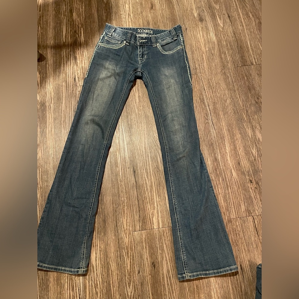 Rock & Roll Women's Dark Blue Flare Jeans with detailed stitching on pockets